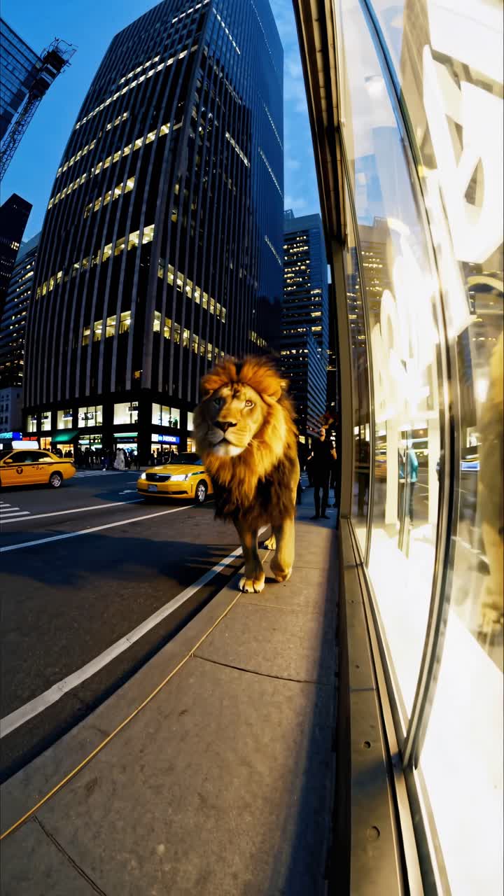 Majestic lion confidently strolls down a New York City sidewalk at twilight, illuminated by the city lights and passing taxis, creating a surreal urban wildlife encounter