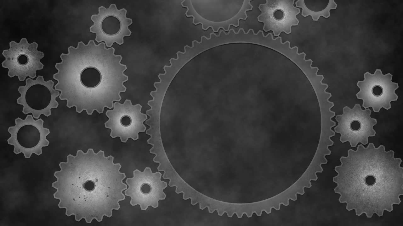 engranajes entrelazados y ruedas dentadas, mecanismo de relojería con sutil humo: animación industrial o steampunk en bucle, tecnología de sistemas complejos