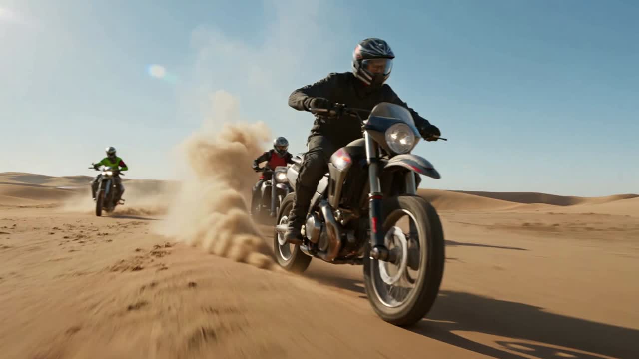 Grupo de homens pilotando motocicletas pelas dunas do deserto levantando poeira