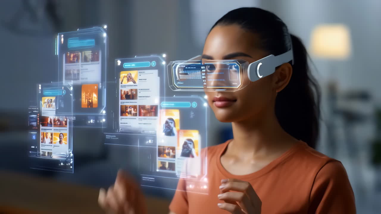 Woman Interacting with Augmented Reality Displays through Smart Glasses