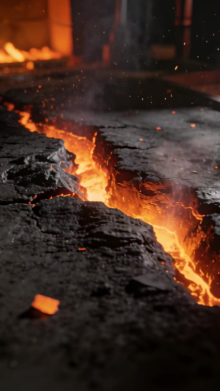Vertical video: Glowing molten fissure emitting embers and smoke at forge floor, fire glow rising