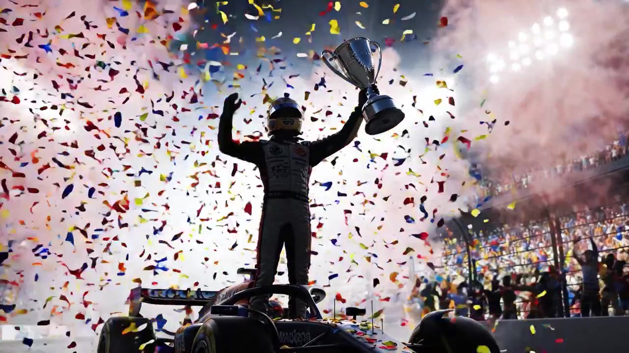 Celebrando la Vittoria: Un Pilota di Auto da Corsa Trionfa Tra Coriandoli Colorati e Tifosi Esultanti Dopo Aver Conquistato una Vittoria di Campionato Duramente Combattuta in un Emozionante Evento di Sport Motociclistici