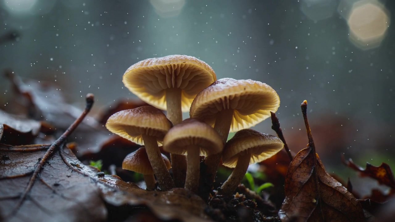 Light filtering through trees, clump of brown fungi showing glowing gills with mist on forest floor