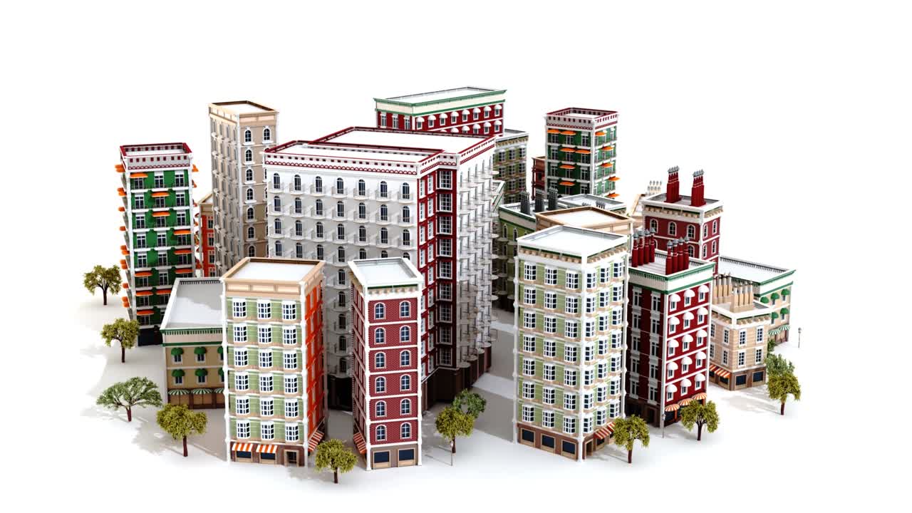 камера летает по растущему городу, анимация 4k с большим количеством периодических зданий