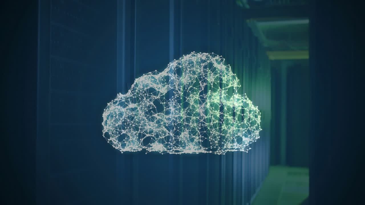 Digital cloud network animation over server racks in data center