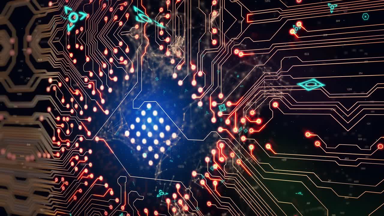 Animation of integrated circuit and processor on black background