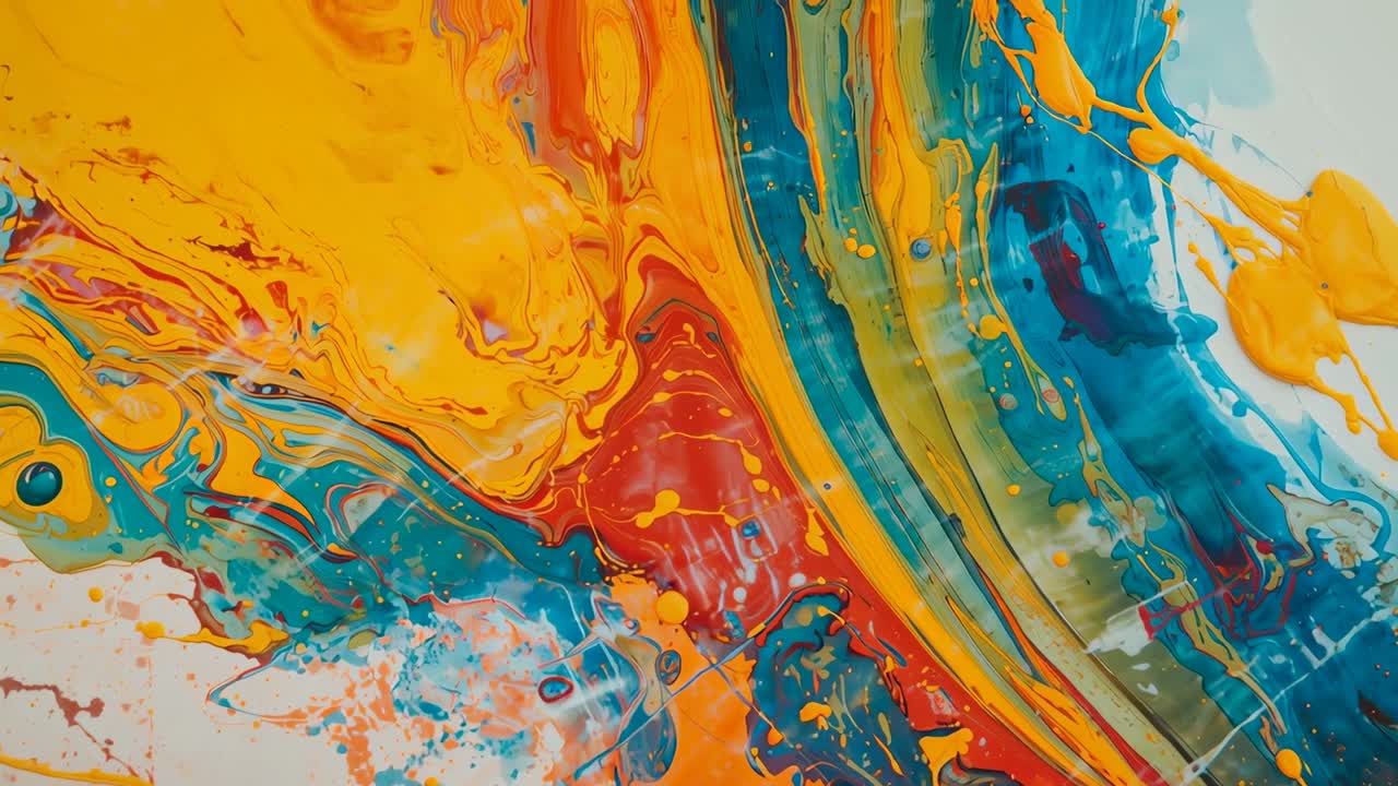 Pinturas fluidas vertidas que se asientan y se mezclan en un panel de estudio después de ser vertidas, la gravedad formando un veteado