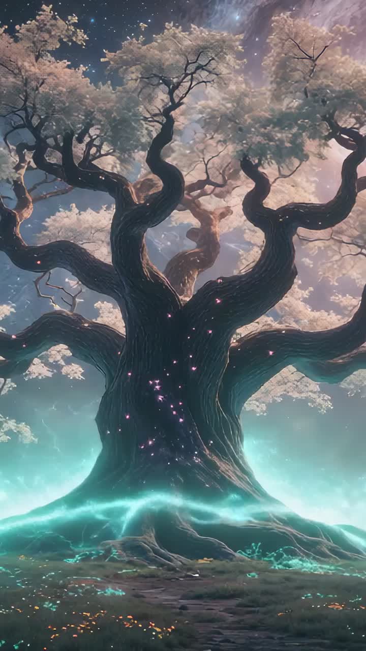 Vertical video: Soft cyan light causing gnarled tree awakening in cosmic grove, glowing blossoms