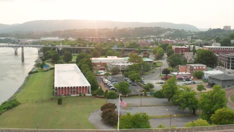 flag above veterans memorial bridge overlooking park in chattanooga tn usa