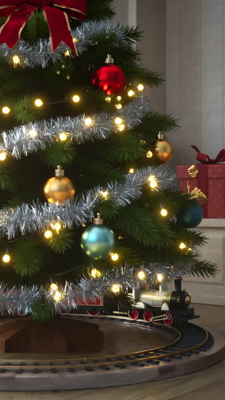 Vertical video: Emerging train pulling cars around decorated tree base at home with blinking lights