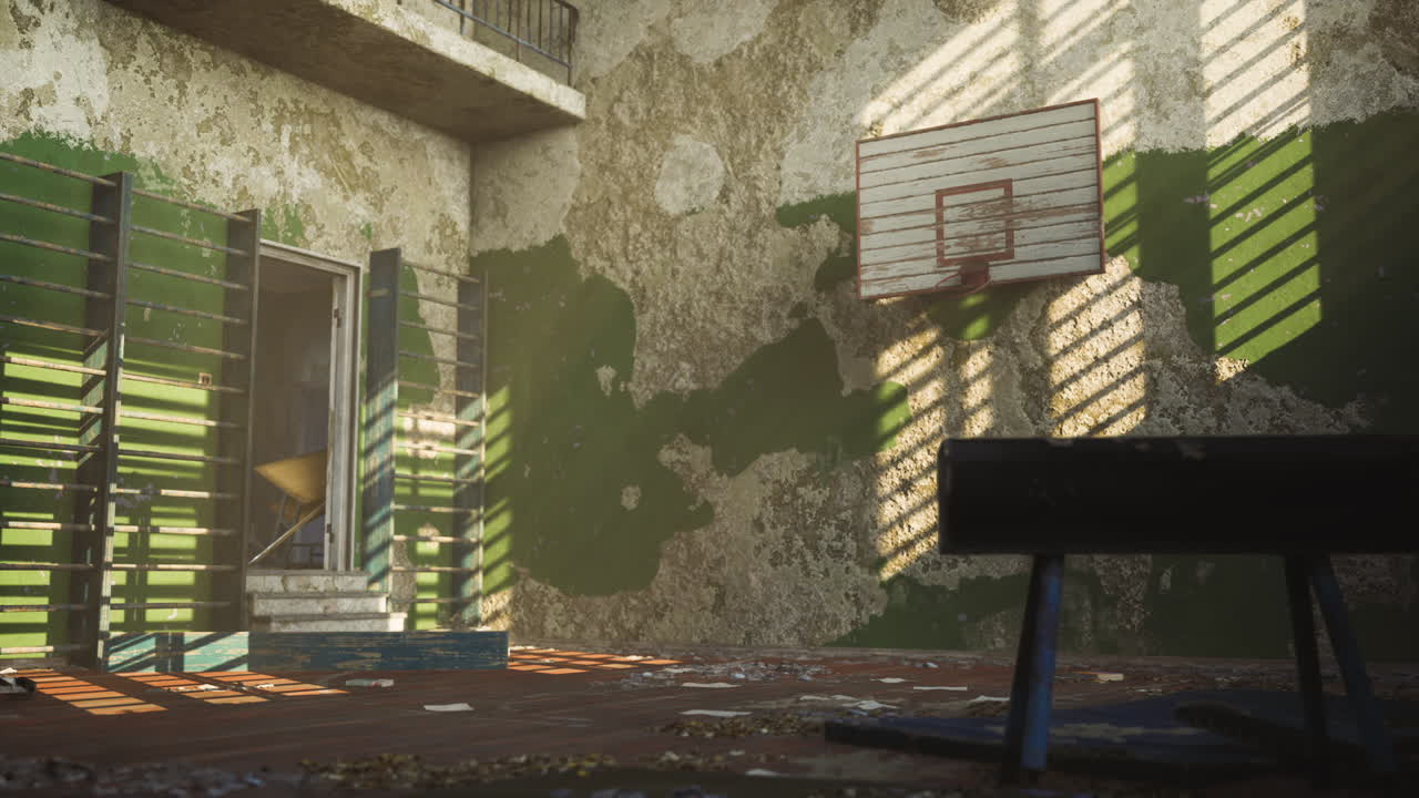 Abandoned gymnasium with peeling paint and scattered debris in dim light