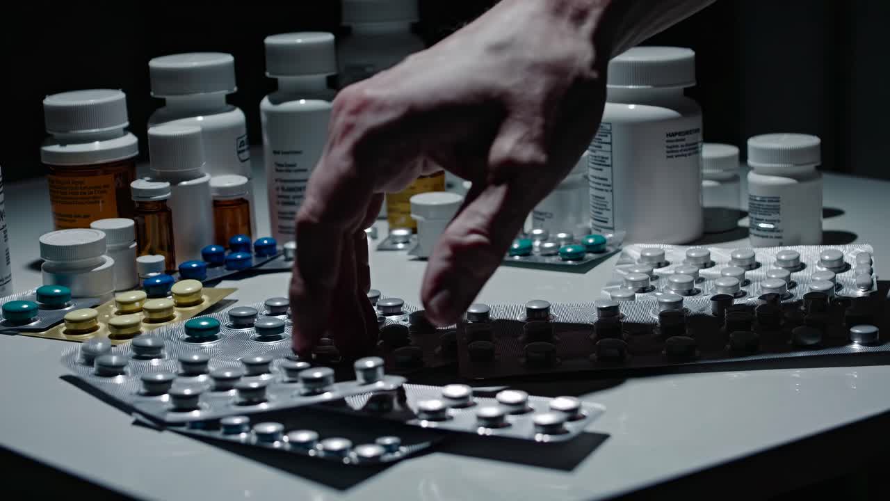 A video frame showing various medicine bottles and blister packs on a table, captured from a low