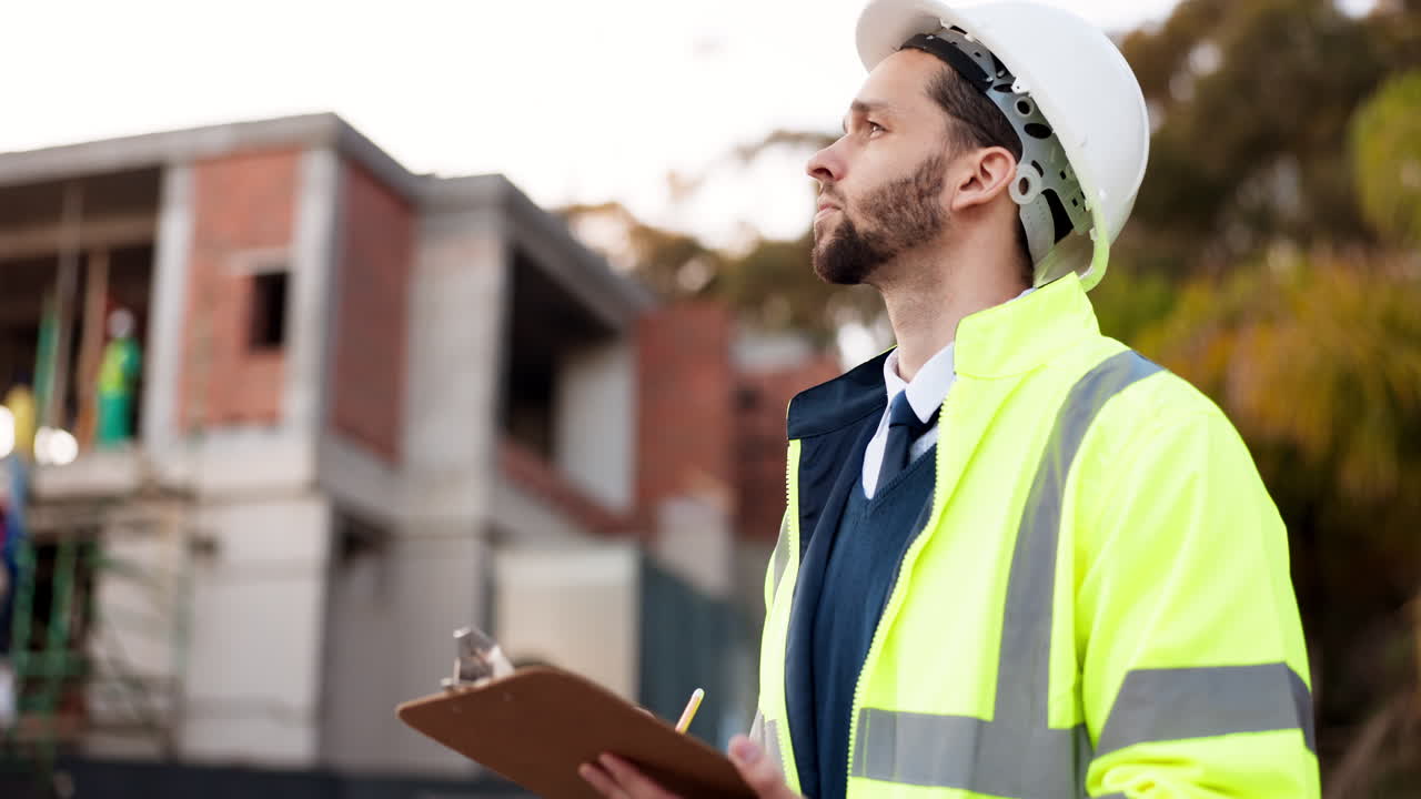 lista de control, hombre e inspección en el sitio de construcción
