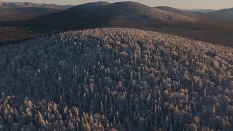 Snowy-Lush-Trees-Over-Mountains-During-Winter-At-Sunset-In-Southern-Quebec,-Canada