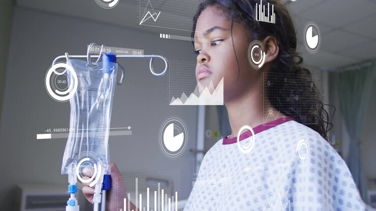Analyzing medical data animation over young patient in hospital gown