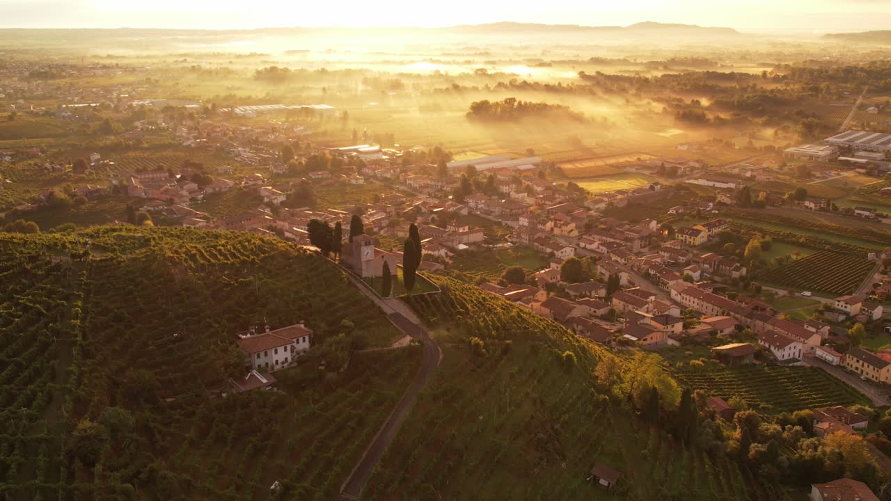 vista aérea del paisaje sobre las famosas colinas de prosecco con filas de viñedos, italia, en un amanecer brumoso