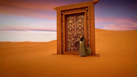 woman standing before an ornate door in a vast desert landscape at sunset