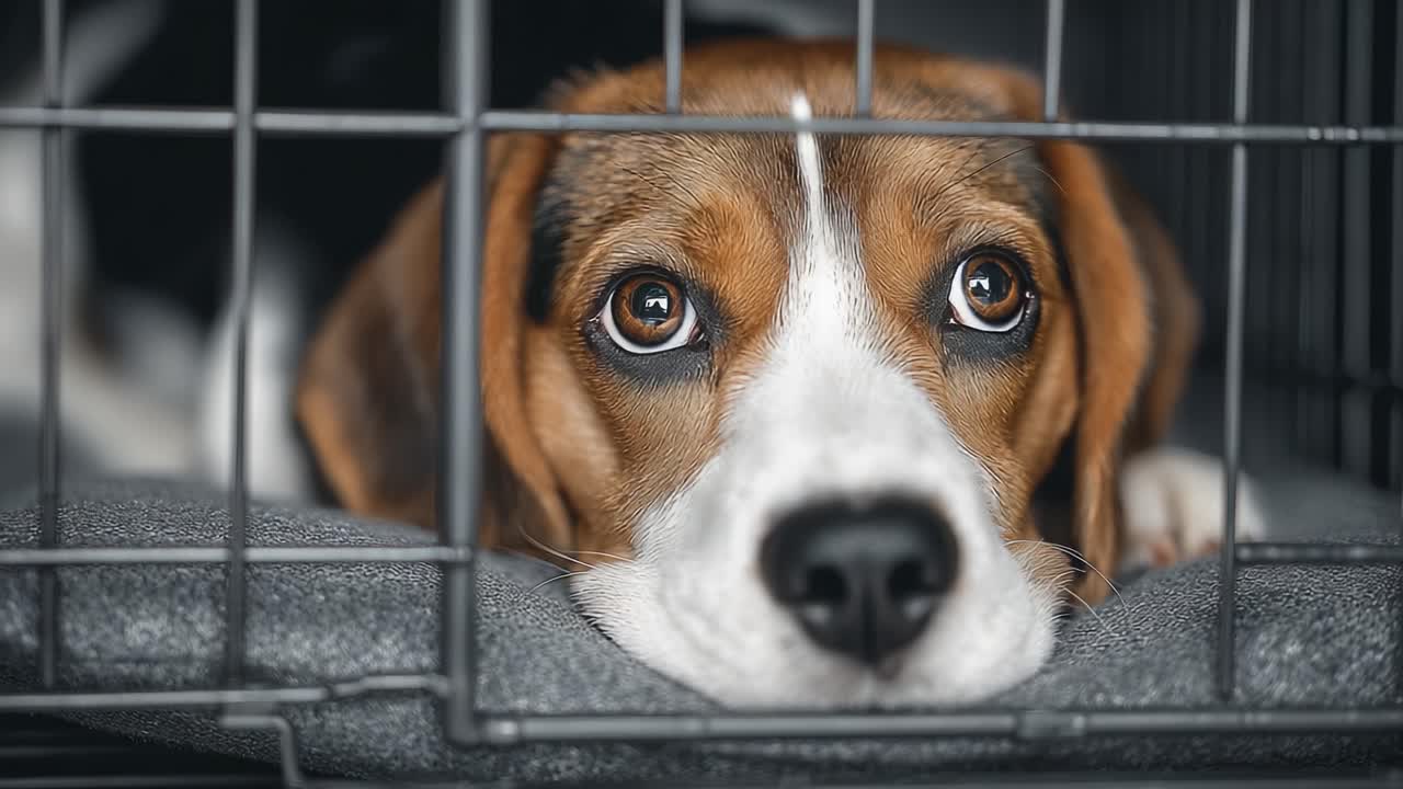 A Beagle's Contemplative Moment: Captured Frames Showcase a Sweet Expression of a Dog Resting in a Cage with Wondering Eyes and a Calm Demeanor
