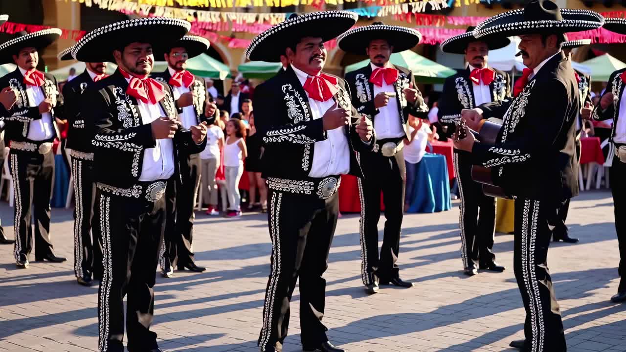 Video da angolazione bassa che riprende una vivace banda di mariachi in abiti tradizionali che si esibisce all'aperto