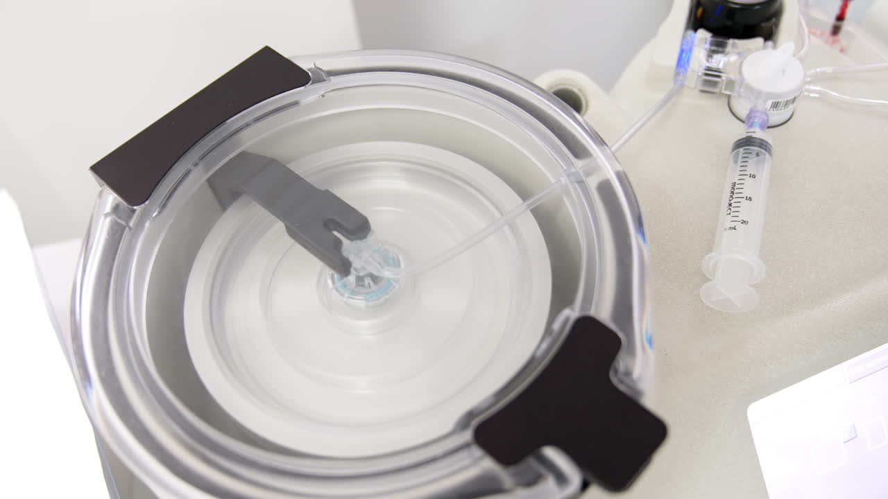 Working centrifuge machine in the hospital. Separating plasma from blood. PRP-therapy.