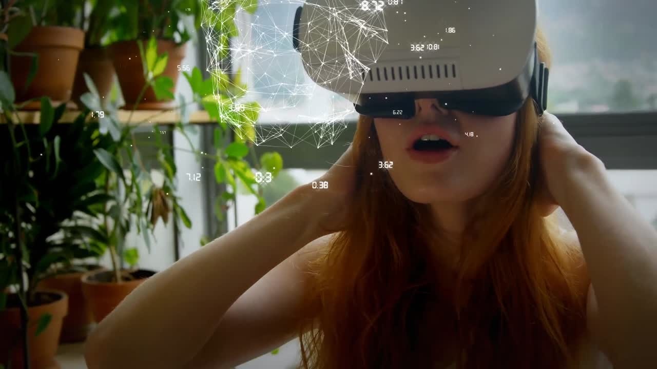 animación de la forma con números sobre mujer caucásica usando auriculares vr