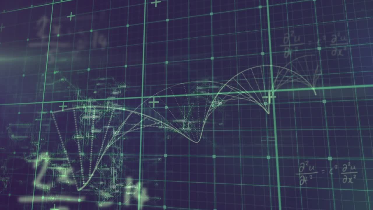 Animation of dna chain over grid and particles forming dna helix in blue and black