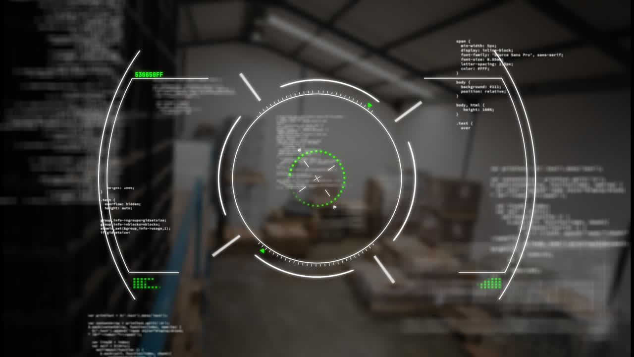 Animation of circles and computer language over high angle view of warehouse