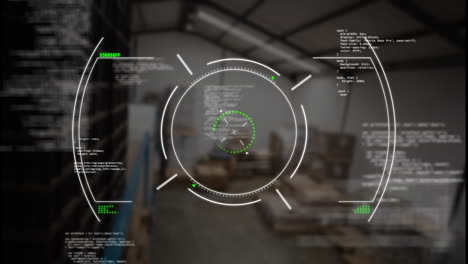 Animación-De-Círculos-Y-Lenguaje-Informático-Sobre-Una-Vista-De-ángulo-Alto-Del-Almacén