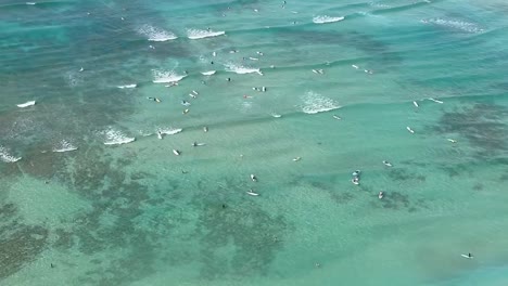 aerial birds eye view over people surfing in waikiki beach, honolulu, hawaii