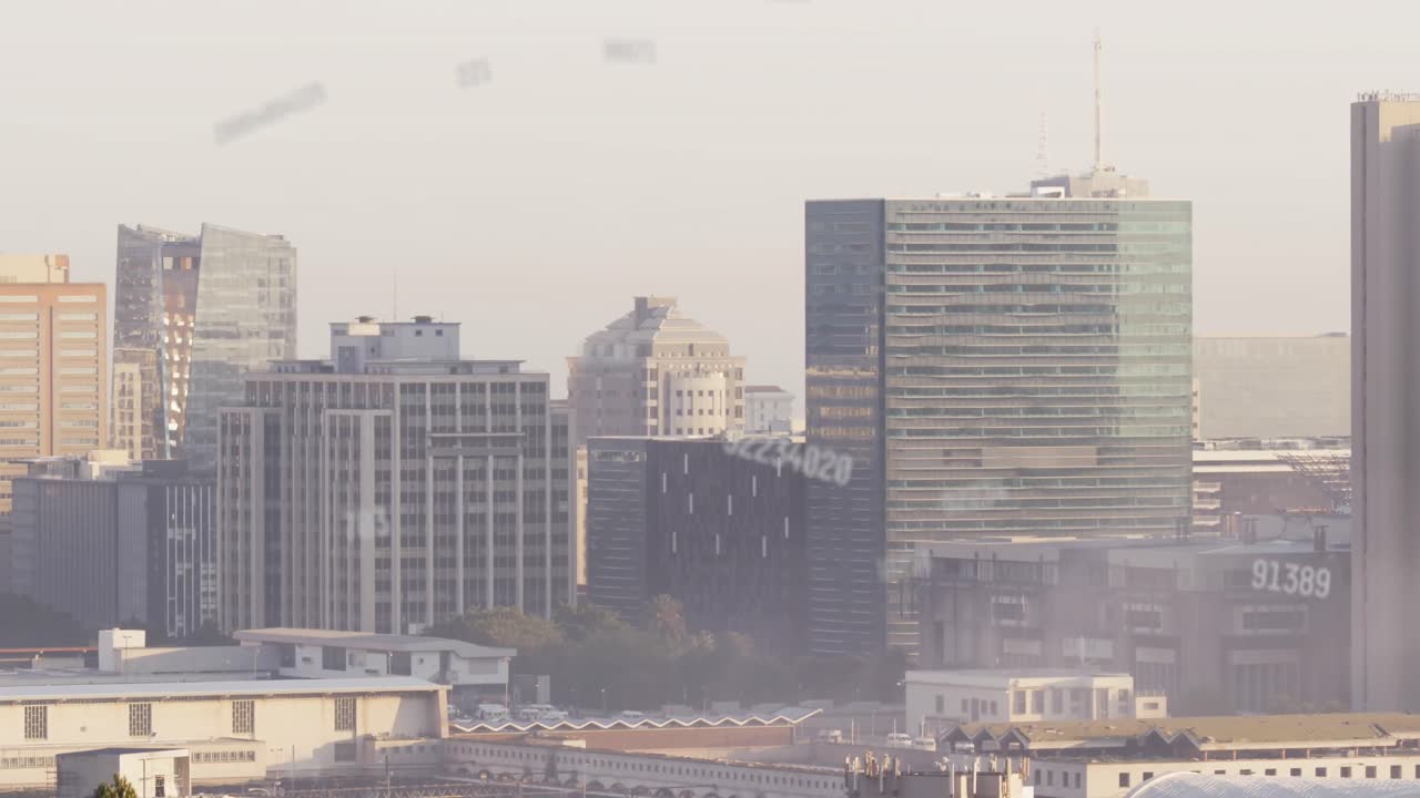 도시 풍경 위의 숫자 애니메이션과 데이터 처리