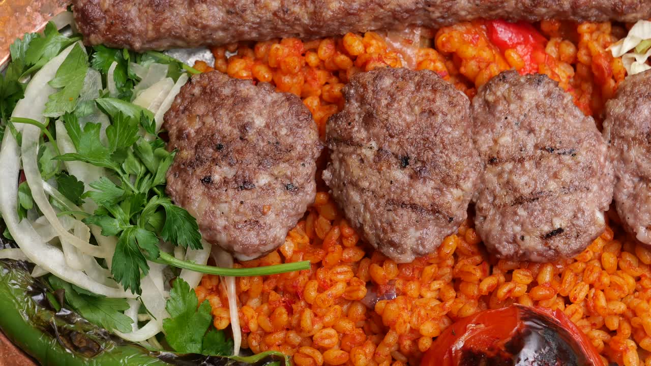 Meatballs with Bulgur Pilaf and Kebab
