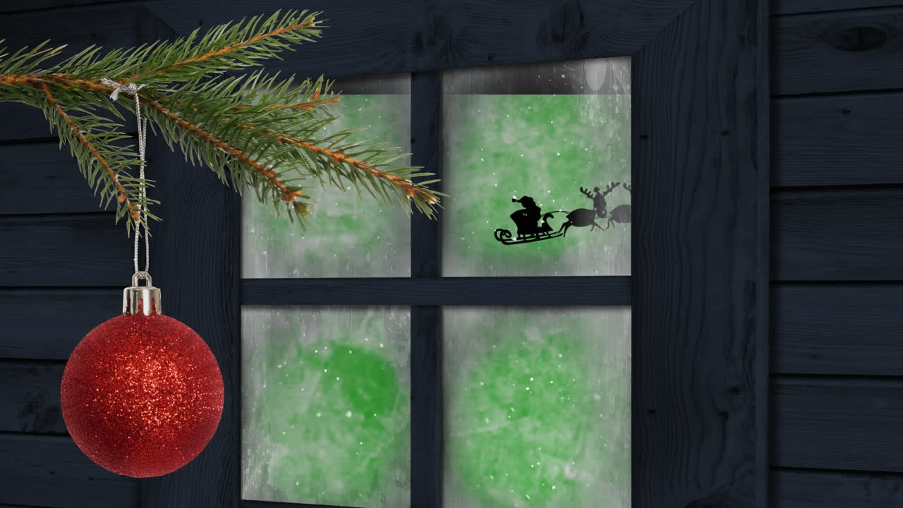 animação de neve caindo sobre decoração de natal e janela com papai noel e trenó