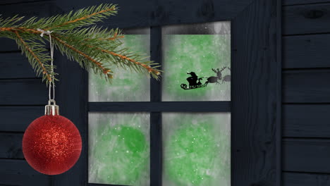 animación de nieve cayendo sobre la decoración de navidad y la ventana con santa claus y trineo