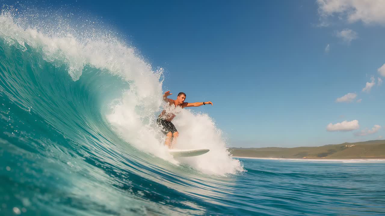 Riding surfer dropping into barrel at beach as wave breaks, with surfboard, shorts and wrist strap
