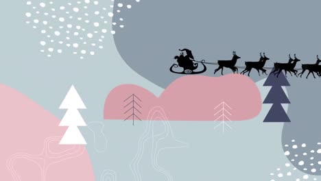 Animation-of-santa-claus-in-sleigh-with-reindeer-over-vector-winter-landscape