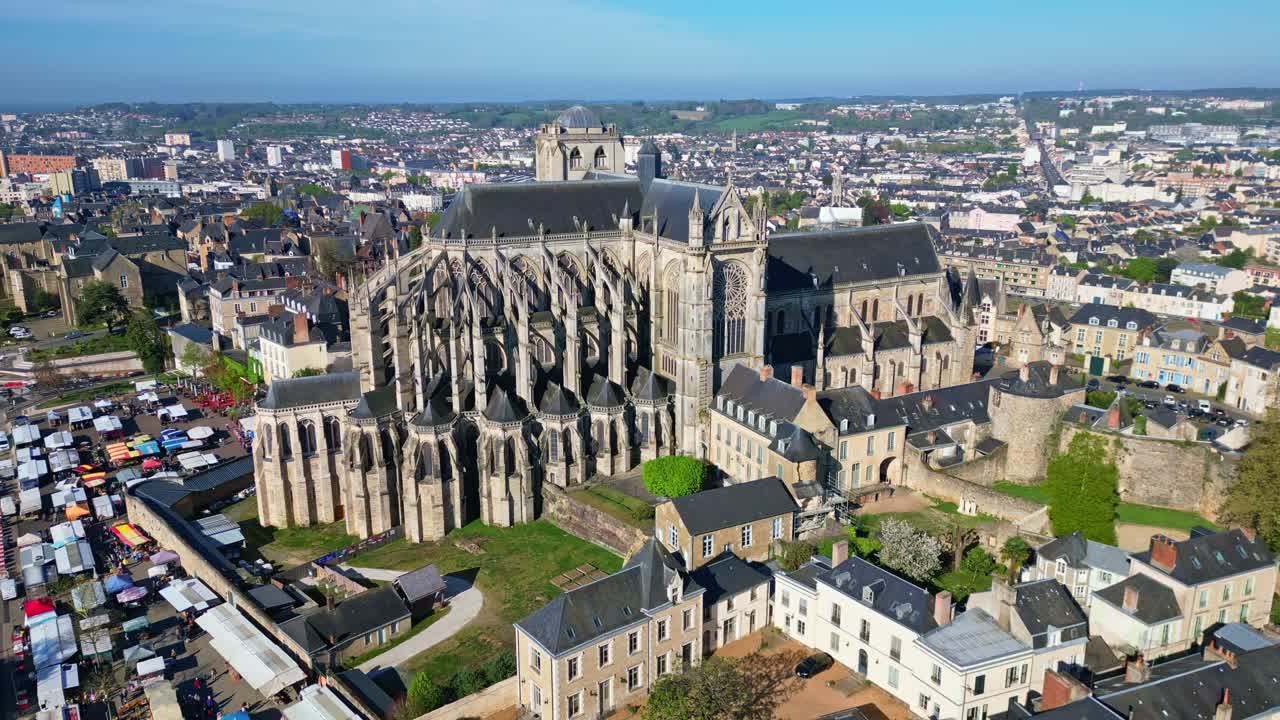 Historic city of Le Mans, with Cathedrale Saint-Julien and surrounding urban area, Sarthe, France. Aerial drone circling