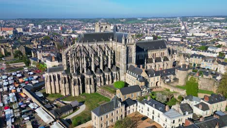 historic city of le mans, with cathedrale saint-julien and surrounding urban area, sarthe, france. aerial drone circling