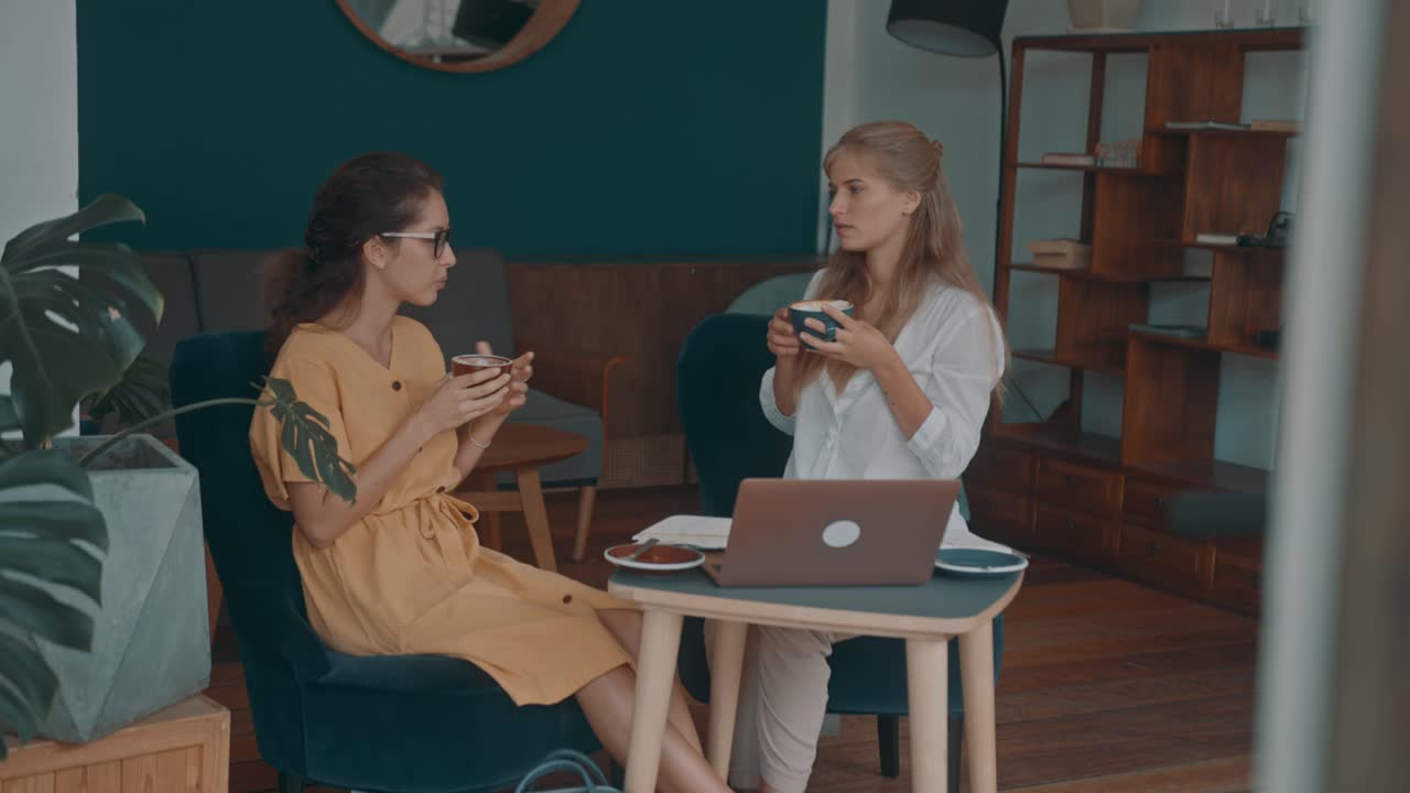 Two Women Talking and Having Coffee in a Cafe
