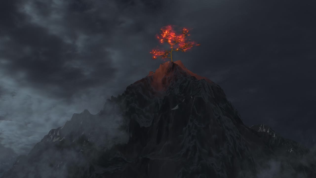 Volcano with Burning Tree