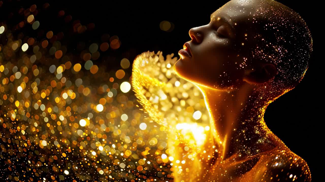 A Mesmerizing Display of Radiance and Beauty Captured in Two Stunning Frames, Showcasing an Enigmatic Figure Adorned with Sparkling Golden Particles and Breathtaking Light Effects