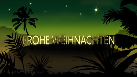 animación del texto de frohe wihnachten sobre un paisaje tropical sobre un fondo verde
