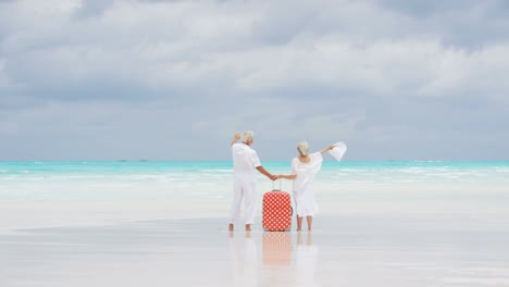 senior caucasian couple standing on beach with suitcase