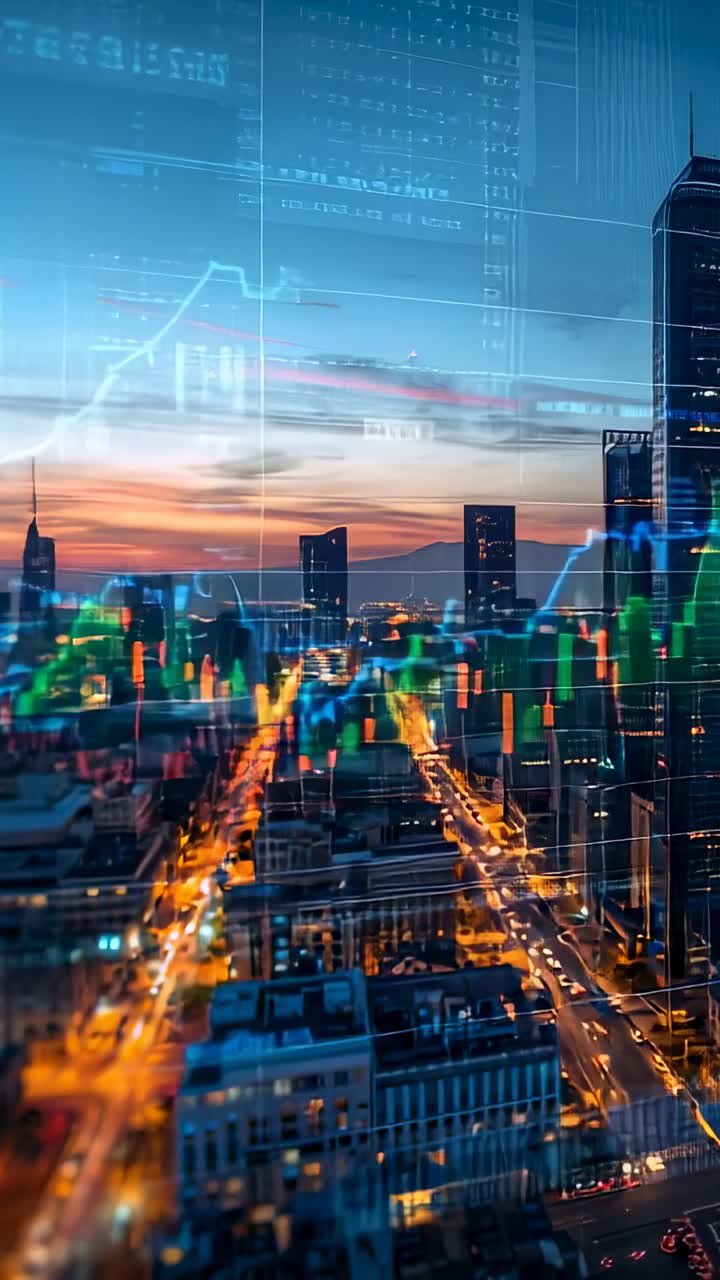 Vertical video: Overlaying line charts and code panels revealing dusk cityscape with candlesticks