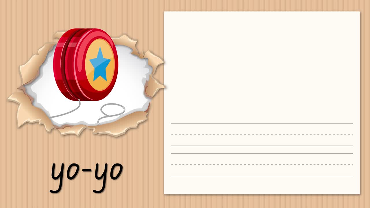 Grafica educativa animata che dimostra come si scrive la lettera Y accanto a un giocattolo yo-yo rosso a fantasia stellata