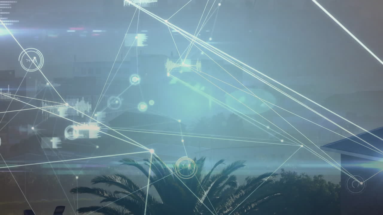 Network of connections and data processing animation over tropical landscape