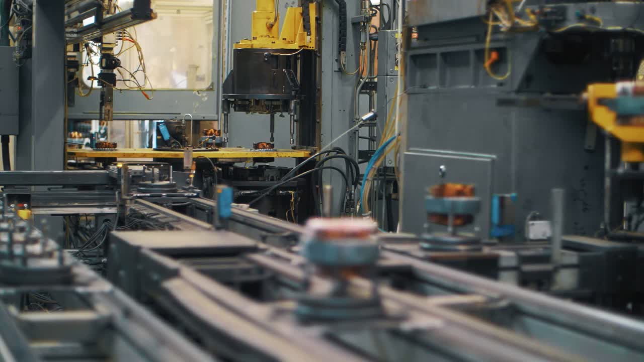 Copper wire for production engine on conveyor belt at industrial factory