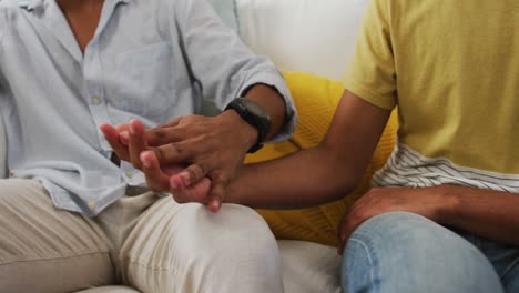 sección media de una pareja de hombres homosexuales de raza mixta tomados de la mano sentados en el sofá