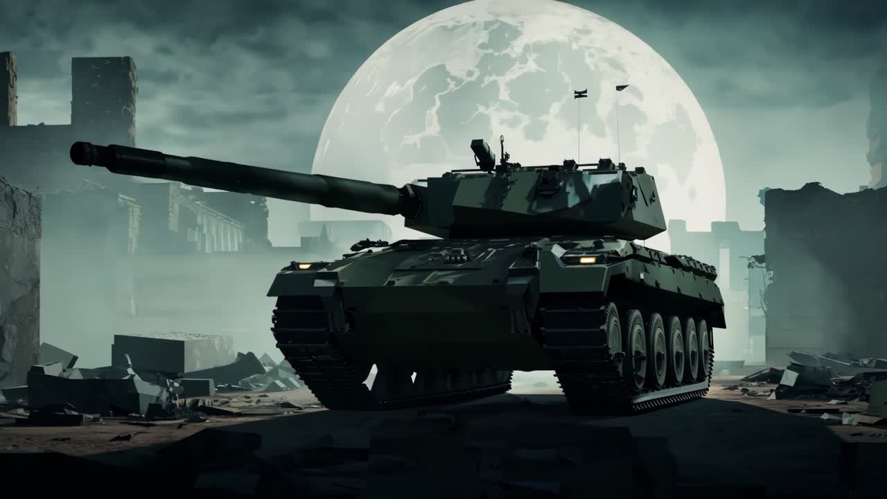Carro armato militare in un paesaggio desolato post-apocalittico al chiaro di luna