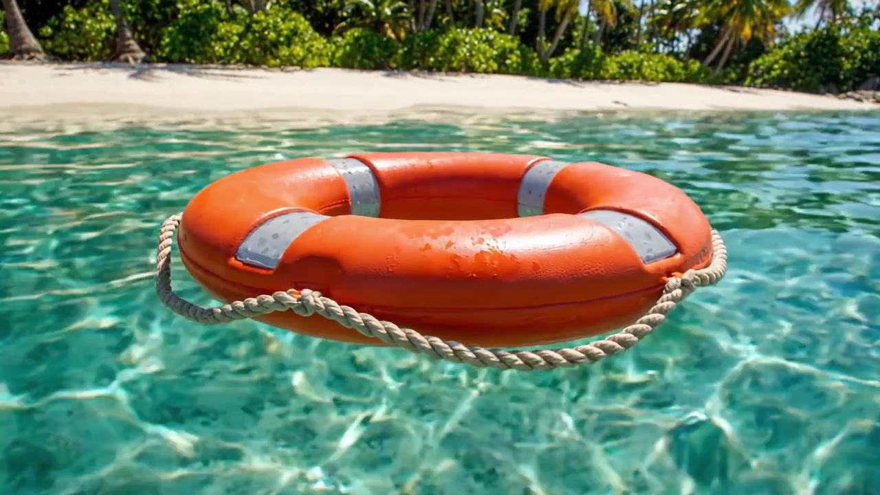 A Vibrant Lifebuoy Floating in Crystal Clear Waters with Tropical Palm Background, Highlighting Safety and Summer Vibes in a Serene Beach Environment