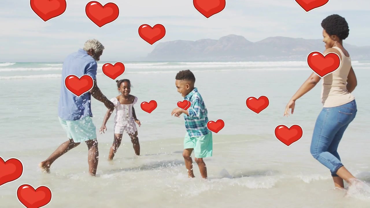 Famiglia che arriva a riva, bambini che calpestano le onde e genitori che li imitano, cuori rossi che fluttuano per la salute